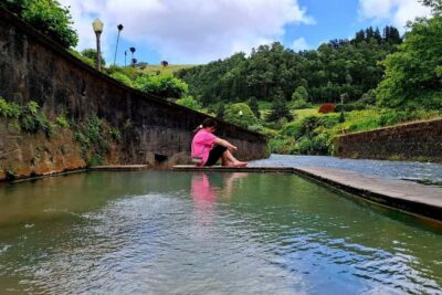 Furnas: Volcano Crater, Lake, Tea Plantation, and Waterfall - Santa Iria Lookout: volcanic cliffs before the heat