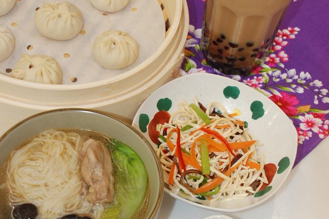 Taiwan Traditional Delicacies Experience, Xiao Long Bao, Chicken vermicelli with mushroom and sesame oil, Tofu strips salad, Bubble milk tea. - Languages and recipe handouts: the real souvenir is what you can cook later