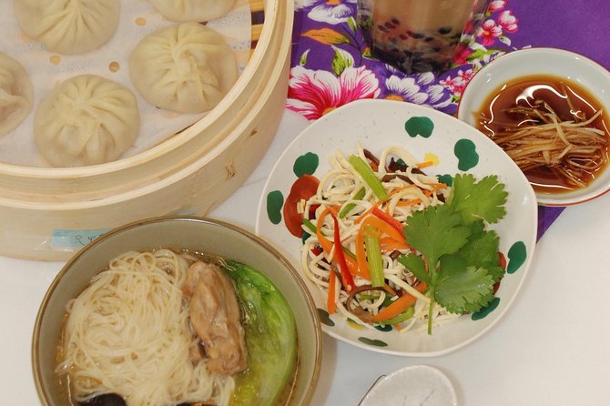 Xiao Long Bao, Chicken vermicelli with mushroom and sesame oil, Tofu strips salad, Bubble milk tea. Taiwan Traditional Delicacies Experience-A (Taipei Cooking Class) - Language support with Chinese, English, and Japanese: how you’ll follow the steps